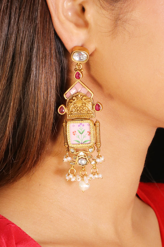 Meheriya Pink handpainted kundan earrings image 0