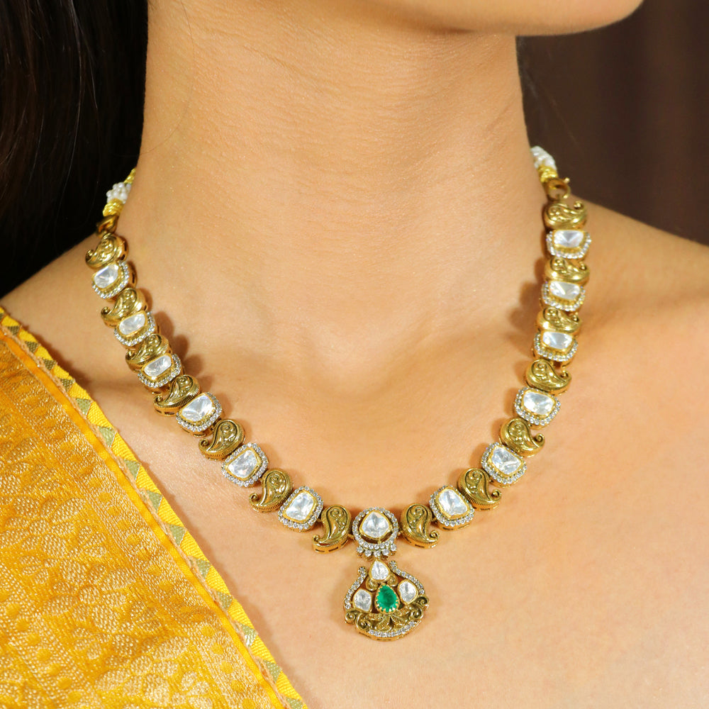 Moissanite with CZ and Green Stone Mango Necklace Set image 1