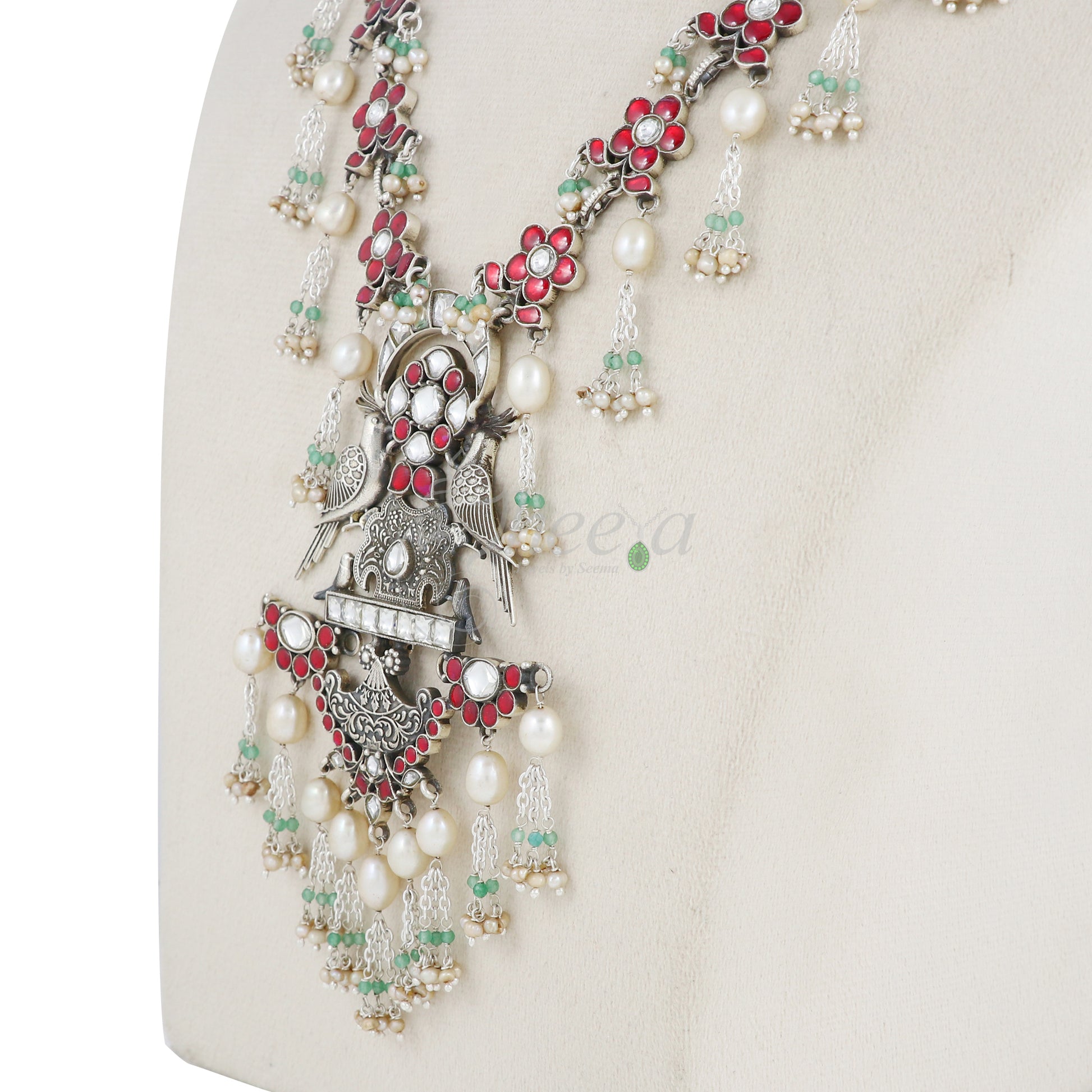 Red Kundan Flowers with Fall Tassels Necklace image 2