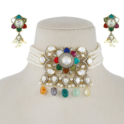 Navaratan Choker Set with Moissanite and Pearls image 0