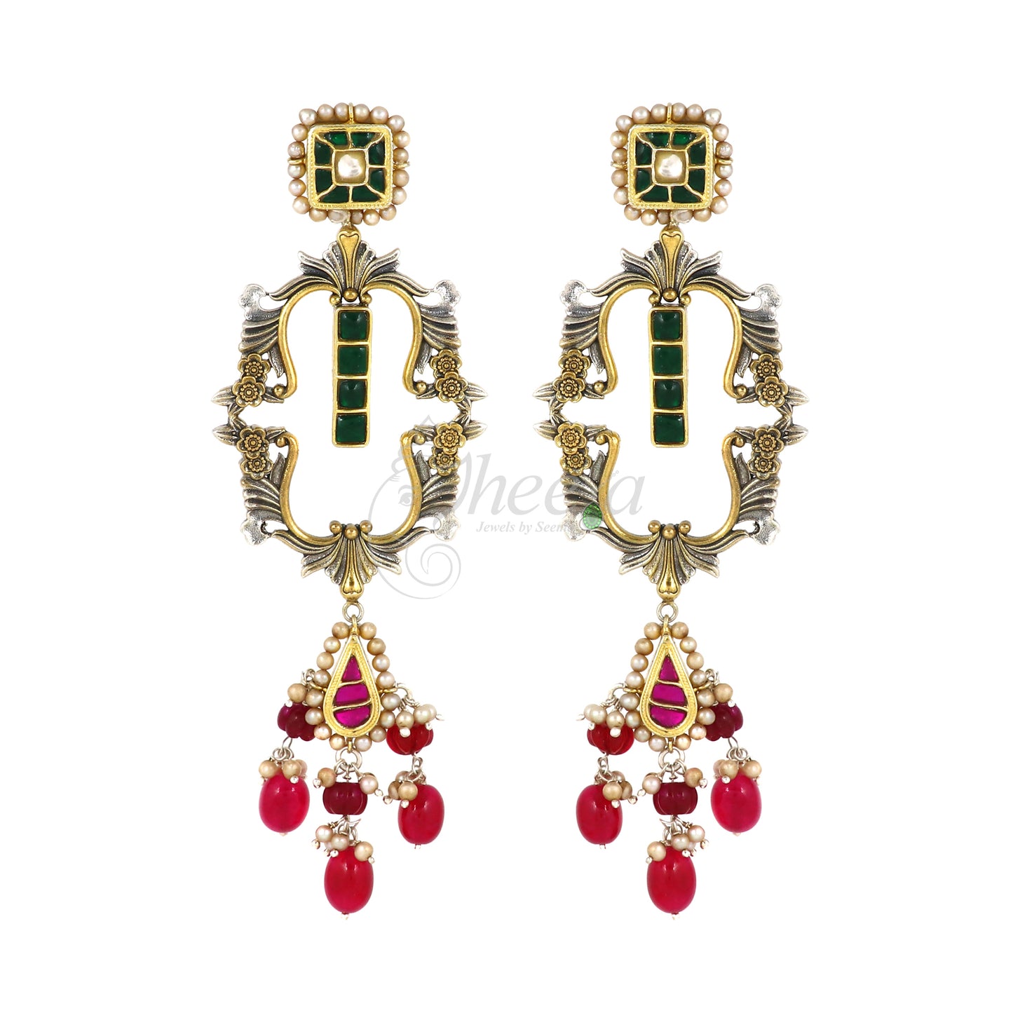 Red & Green Kundan Dangler Earrings image 2