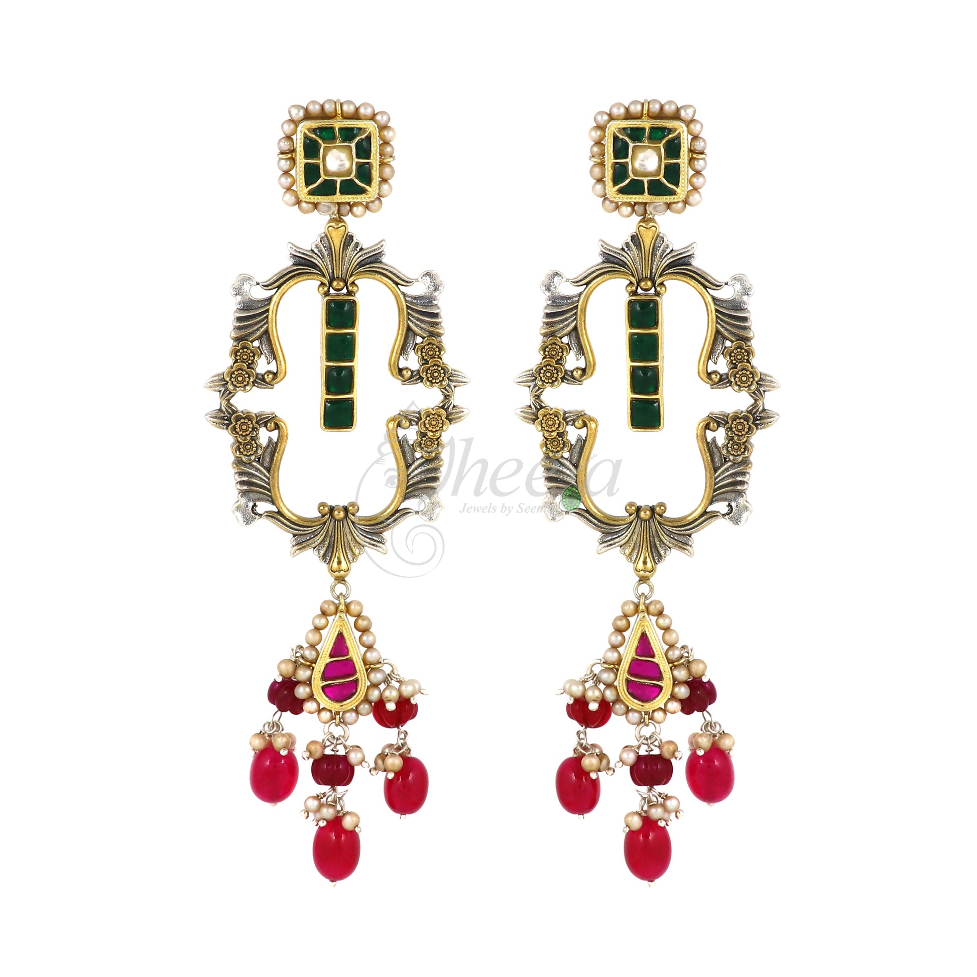 Red & Green Kundan Dangler Earrings image 2