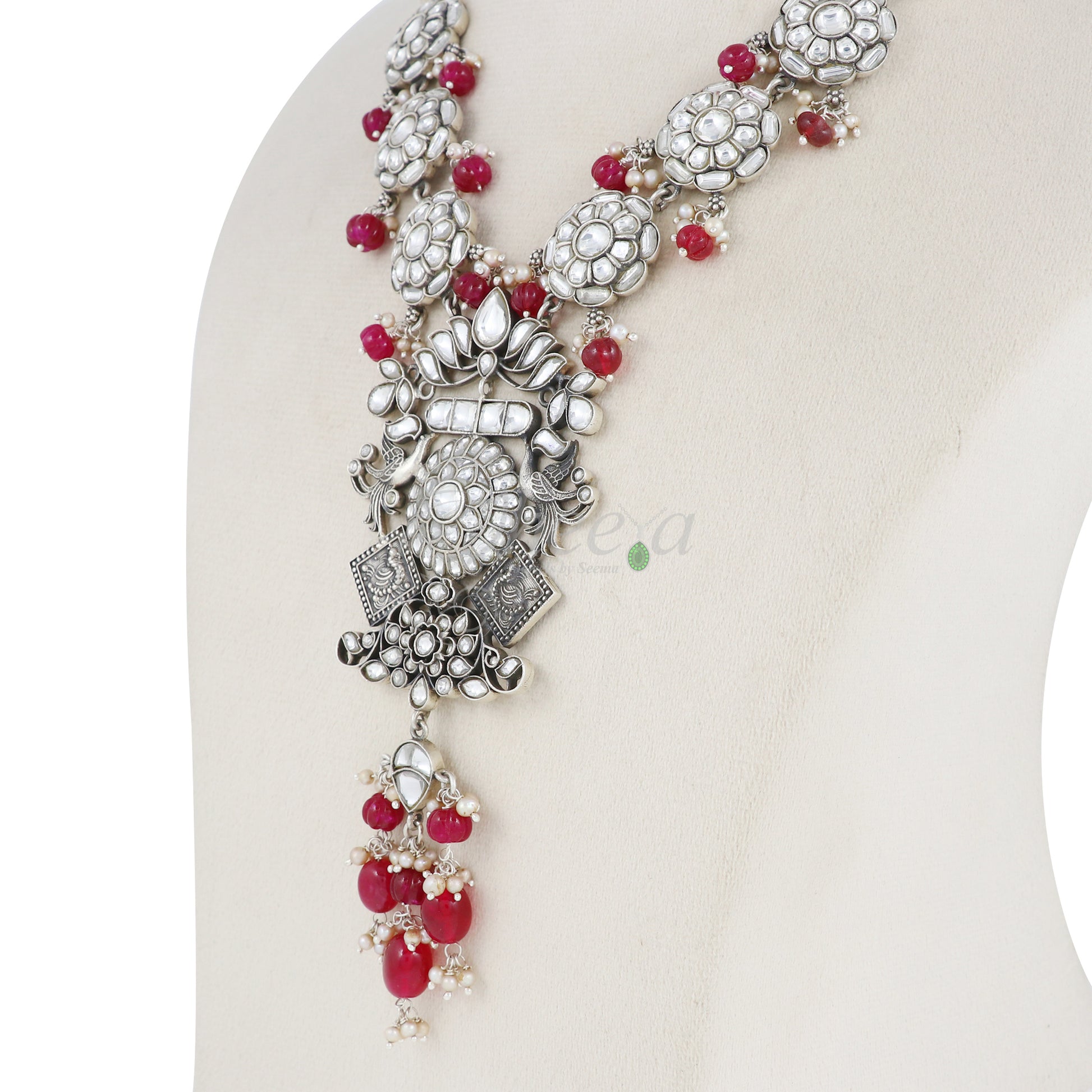 White Kundan Layered Floral with Red Beads Necklace image 3