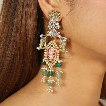 Long Dangling Kundan with Green Beads Earrings image 1