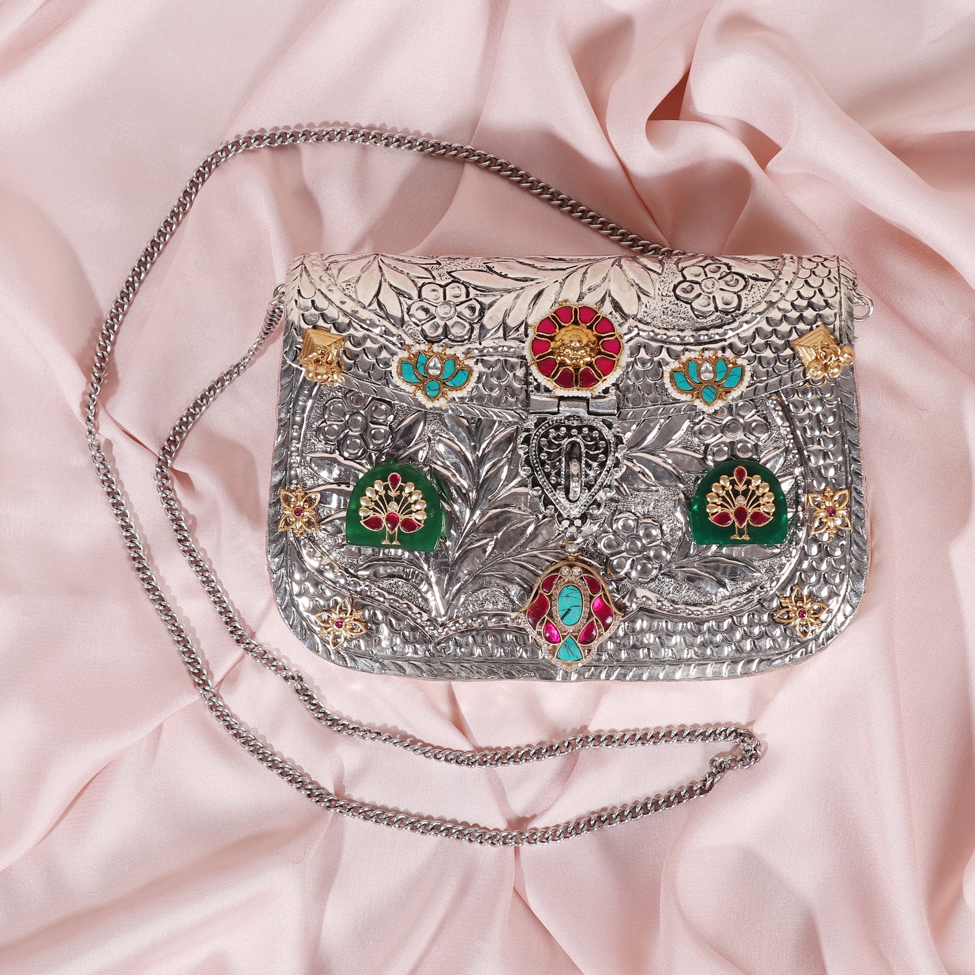 Silver Tone bag with Pink Kundan and chain image 1