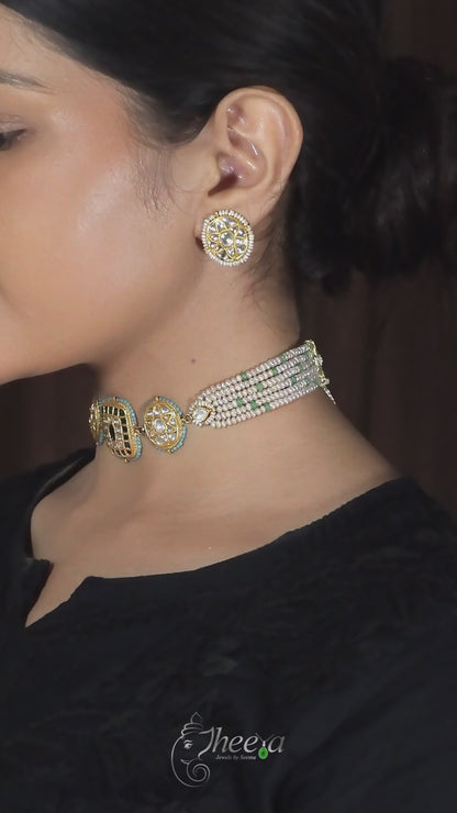 Turquoise and green Kundan Choker set Kundan choker set with Pearls