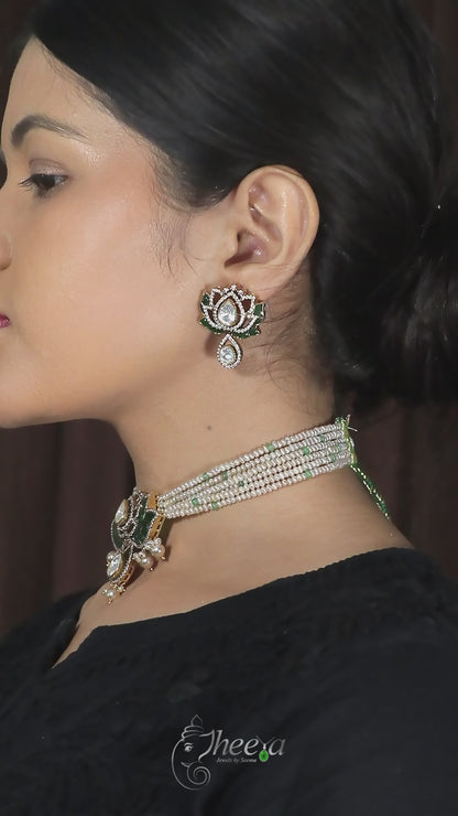 Green Lotus Moissanite and Kundan Choker set