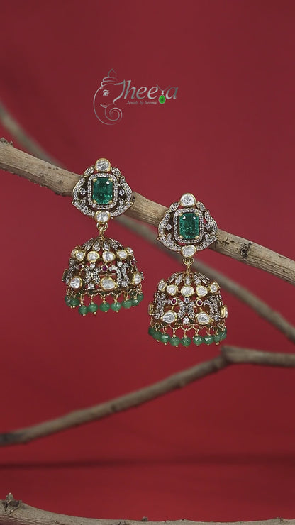 Ratnavali  Emerald Jhumka with moissanaite