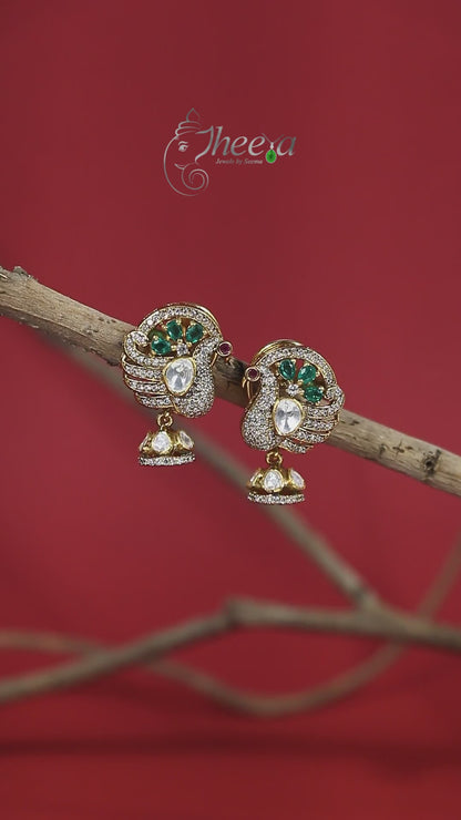 Ratnavali  Green peacock Jhumka with moissanaite
