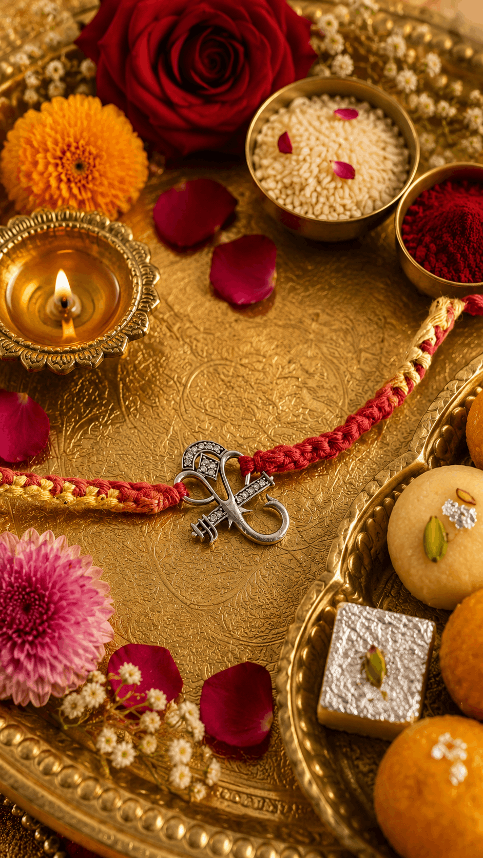 A close-up styled arrangement on a gold tray featuring a braided red and gold Rakhi with a silver Om symbol, surrounded by marigold flowers, rose petals, a lit diya, sweets, and decorative bowls.