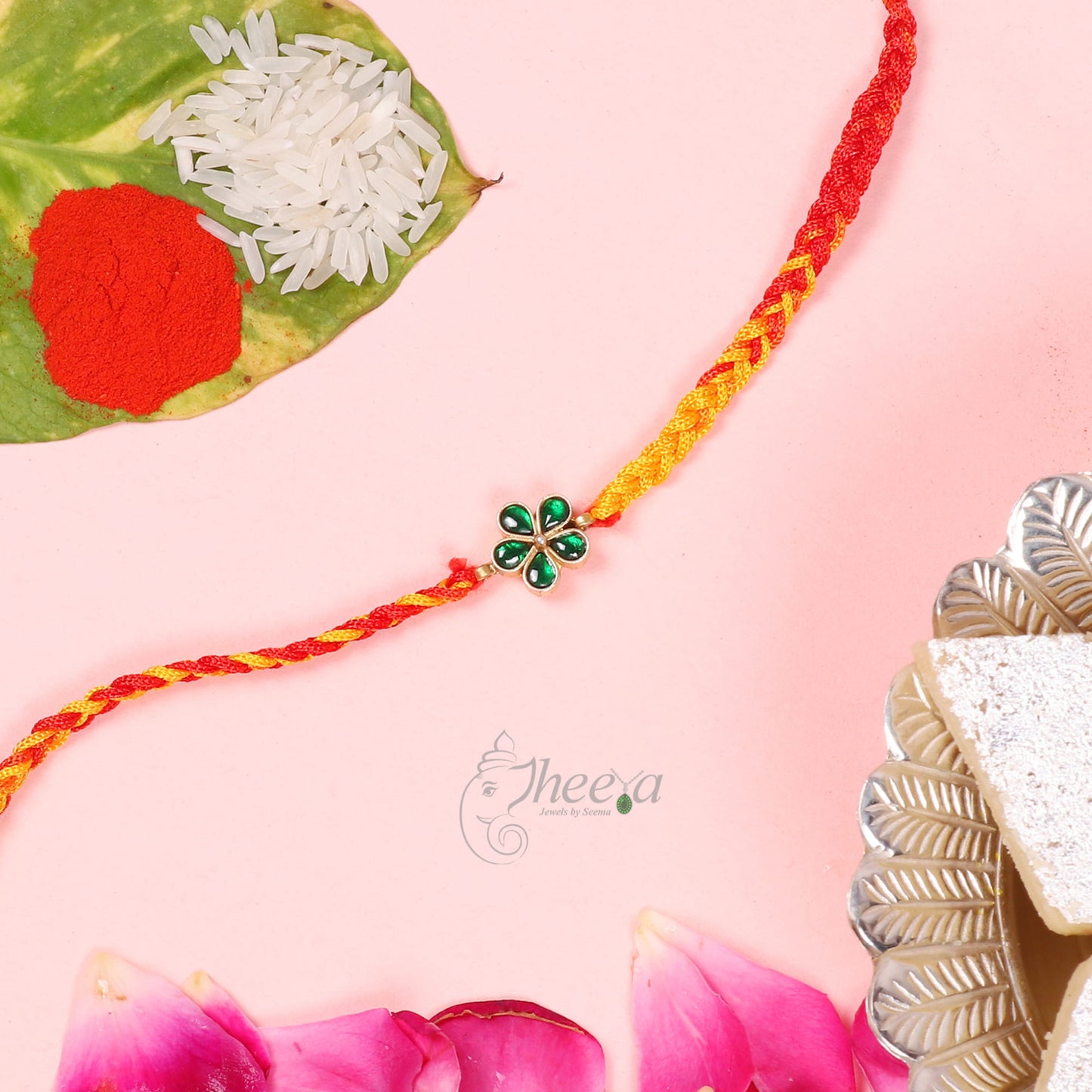 Silver Green Floral Kundan Rakhi