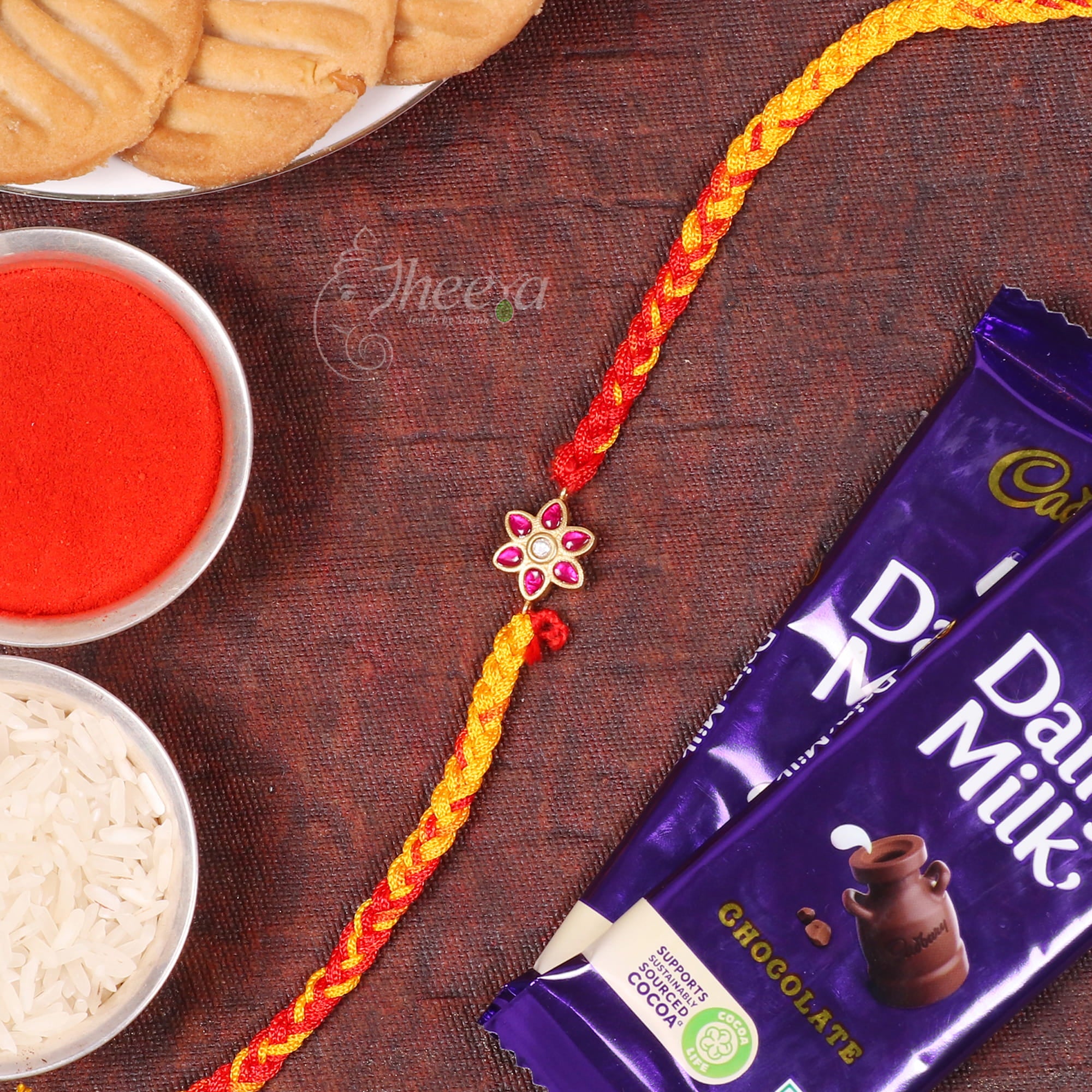 Sakshi Pure Silver Red Floral Rakhi with White Stone Centerpiece