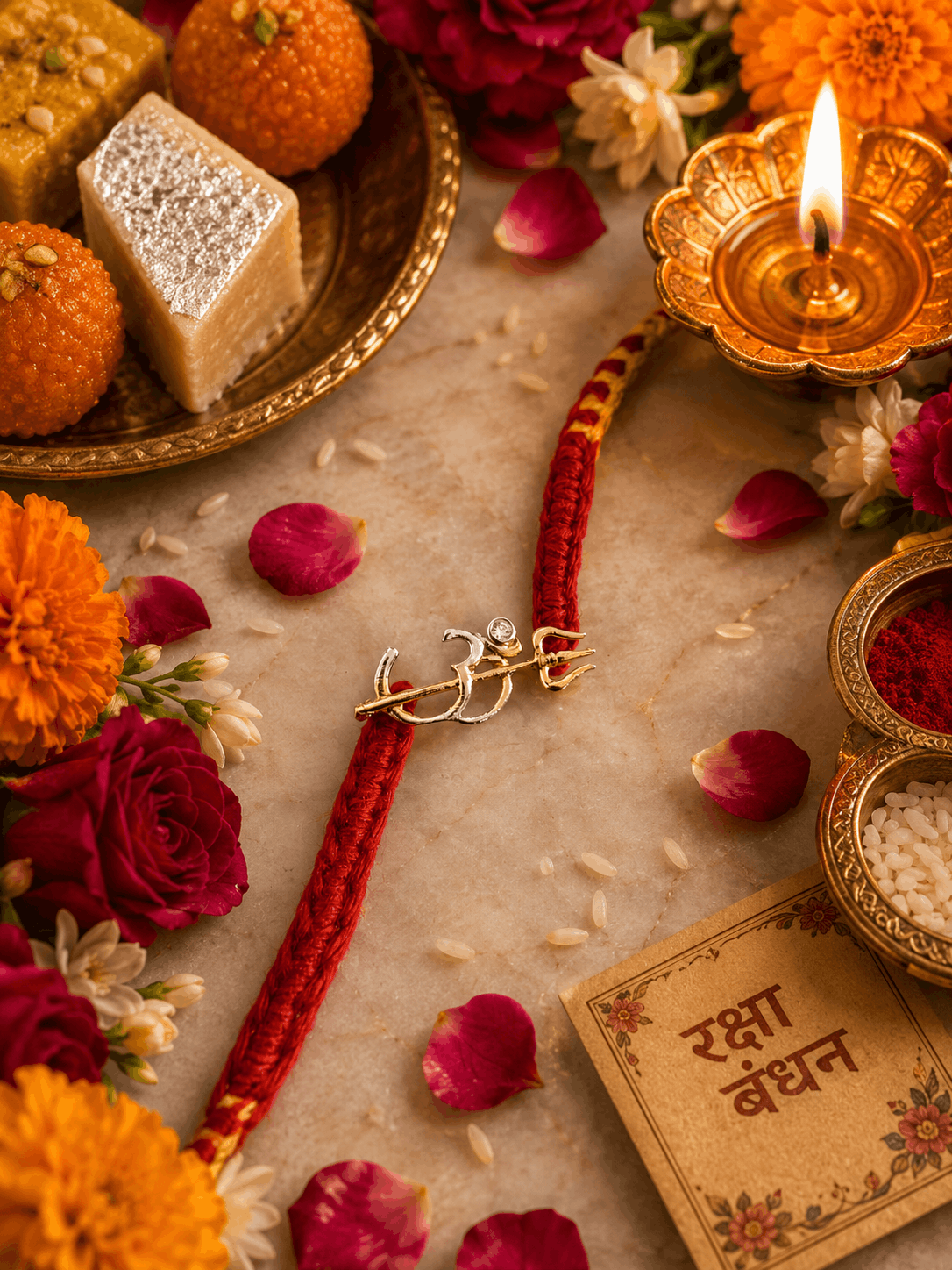 A festive flat-lay of a red and gold Rakhi with an Om symbol, surrounded by marigold flowers, sugar cubes, a burning diya, and a card that reads 'Rakhi Bandhan' on a marble surface.