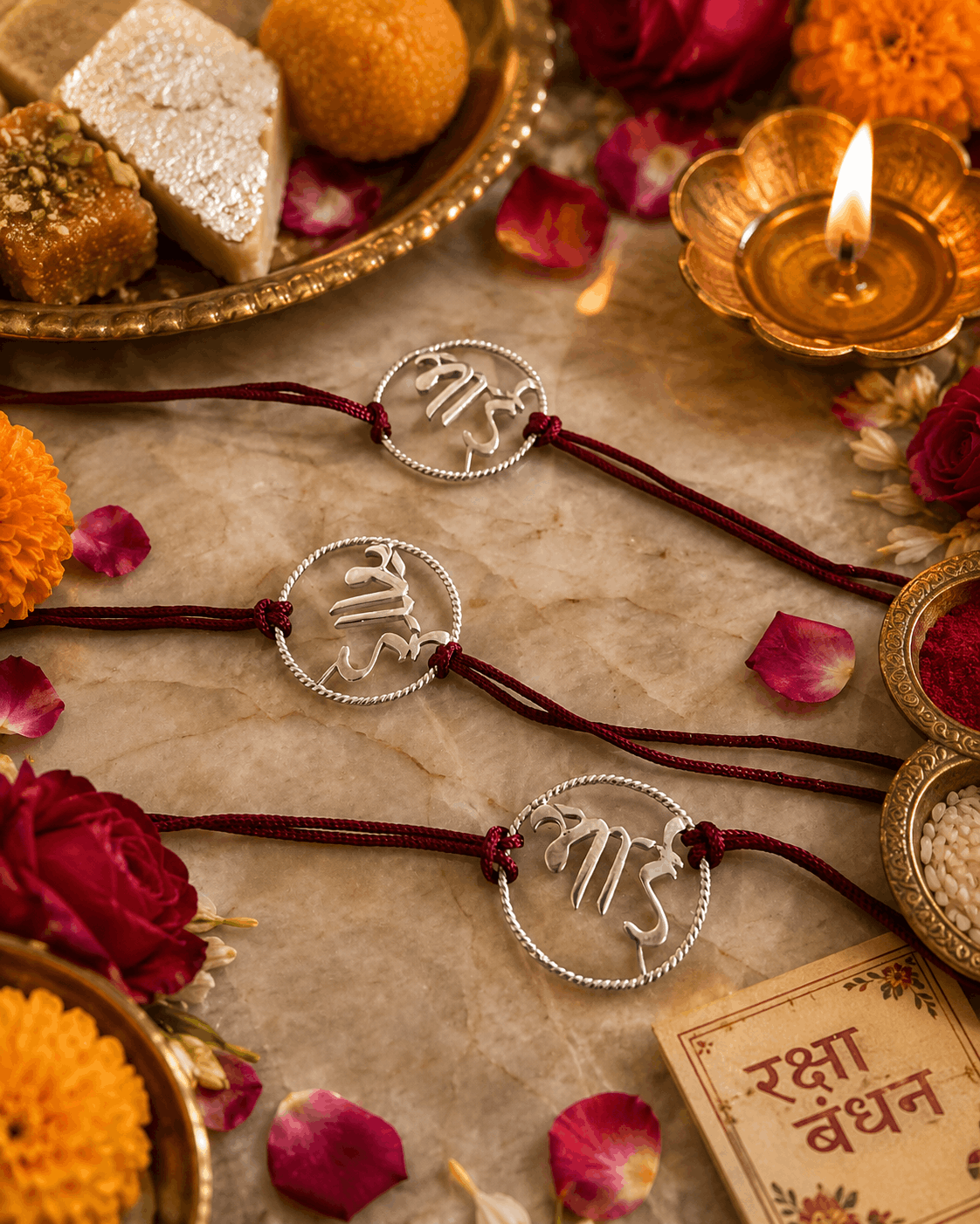 Three silver wire Rakhi bracelets with Devanagari script are arranged on a beige stone surface with marigold flowers, rose petals, a lit diya, and traditional sweets. A card reading 'Rakhi Bandhan' is visible in the lower right corner.