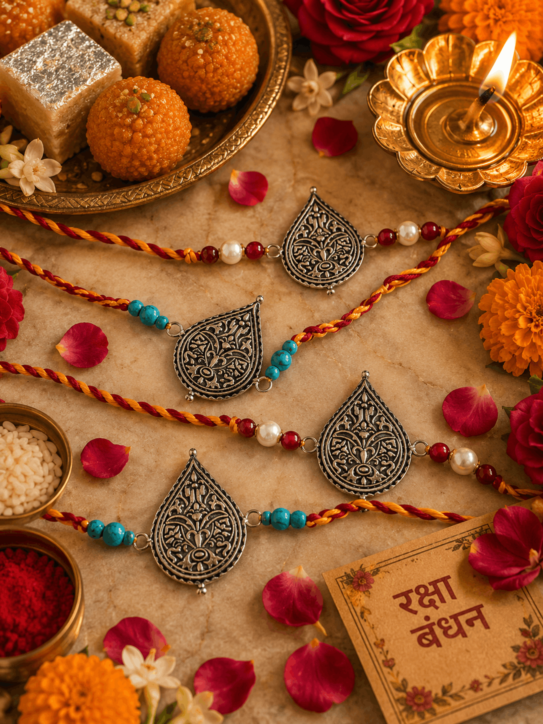 Four silver teardrop-shaped filigree Rakhi strands with orange and red braided cords, turquoise beads, and white pearl-like beads, arranged on a beige surface with flowers, marigold petals, a lit diya, sweets, and a card reading 'Rakhi Bandhan'.